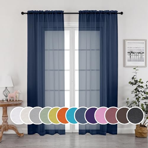 Image of OWENIE Navy Blue Sheer Curtains 90 Inches Long, Solid Light Filtering Sheer Curtains for Bedroom, Window Voile Sheer Curtain Panels /Drapes /Treatment for Living Room, 2Pcs, Each 42 inch W x 90 inch L Inch