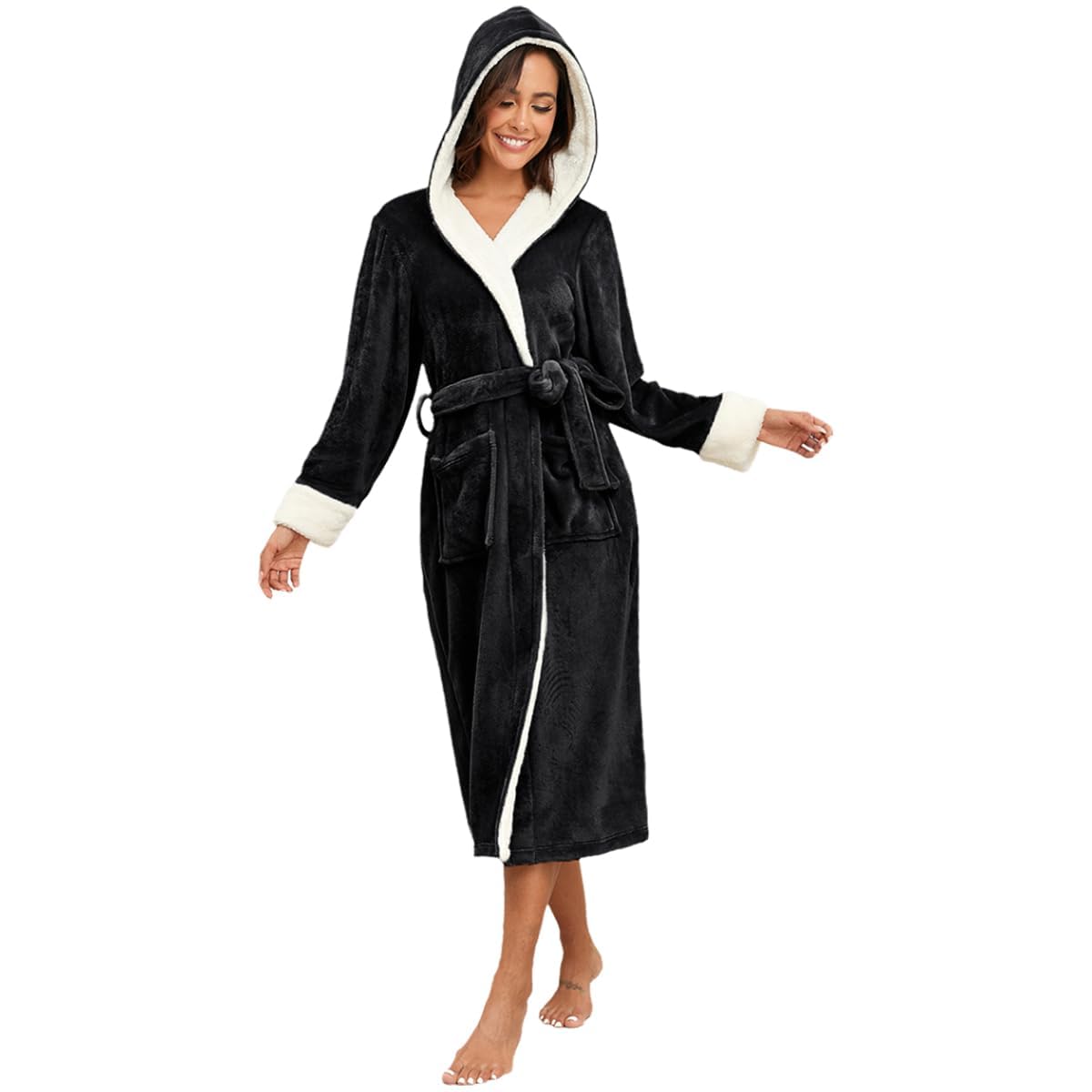 RONGTAI Damen-Bademantel aus Plüsch-Fleece, mit Kapuze, dickes Nachthemd, lang, Nachtwäsche mit zwei Seitentaschen und Gürtel