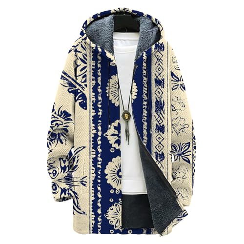 Hooded Cardigan for Men Vintage Graphic Zip Up Long Hoodies Warm Fleece Lined Winter Jacket with Pockets