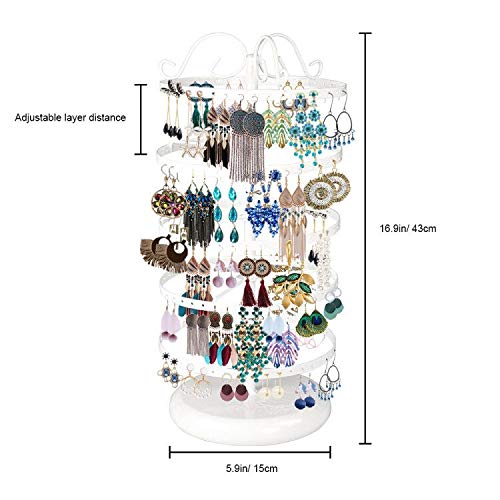 5 Tiers Metal Rotating Earring Holder Organizer, MODOWEY Exquisite Jewelry Display Stand Necklace Rack Holder, 220 Holes for Earrings- 14x6.3 Inch (White)