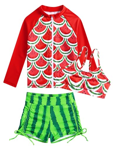 Image of Funnycokid Girls Swimsuit 3 Pieces Zip Rash Guard Bathing Suits Set Kids Bikini Boyshort Summer Swimwear 3-14 Years