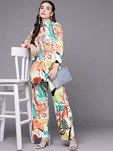 Image of INDO ERA Women's Silk Blend Tunics Printed Top with Pant Lounge Wear Night Dress (LWCD0ML1011 Cream S to XXL-Size)