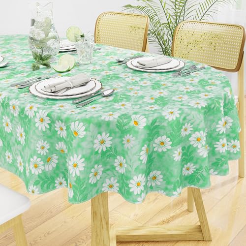 misaya Oval Waterproof Vinyl Table Cloth, Wipeable Tablecloth with Flannel Backing, Plastic Table Cover for Dinner, Picnic, Indoor and Outdoor (Green Daisy, 60" x 84")
