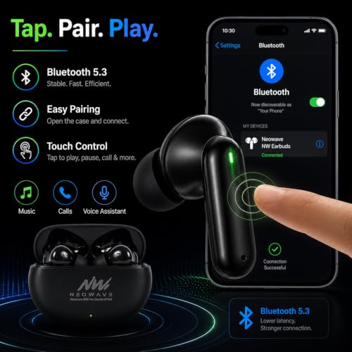 Image of Bluetooth 5.3 True Wireless Earbuds with ENC Noise Reduction, 60 Hours Total Playback, USB Type-C Fast Charging, Touch Control, Deep Bass Stereo Sound, Wireless Earphones Black