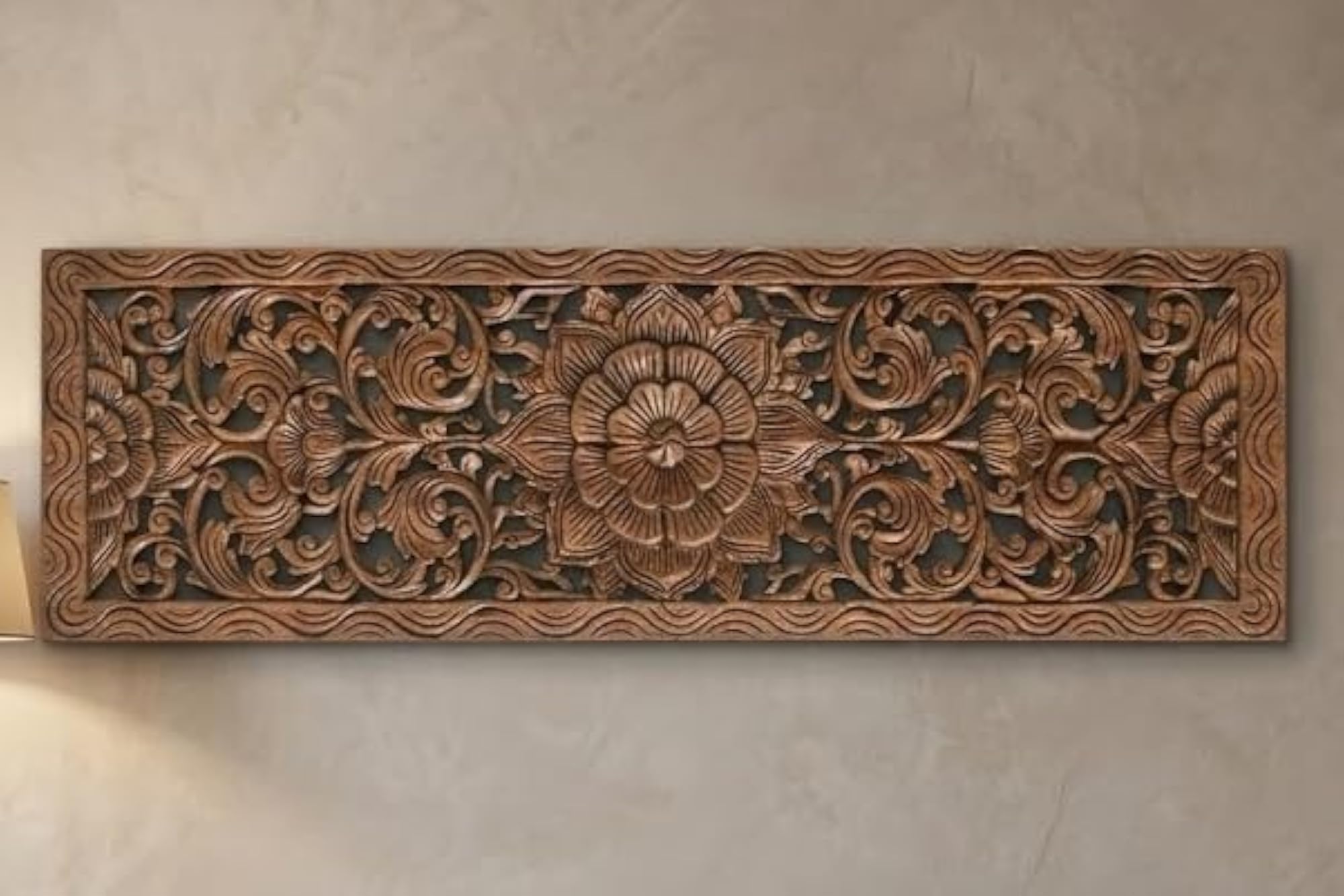 Hand Carved Wood Wall Art, Solid Teak Wooden Panel
