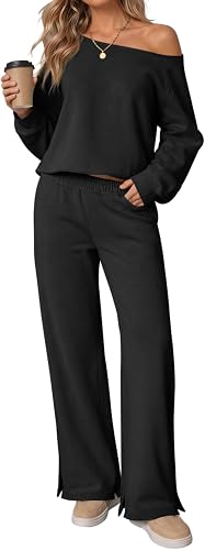 Fisoew Womens 2 Piece Outfits Off the Shoulder Sweatshirts Crop Top Wide Leg Sweatpants Fall Casual Matching Lounge Sets