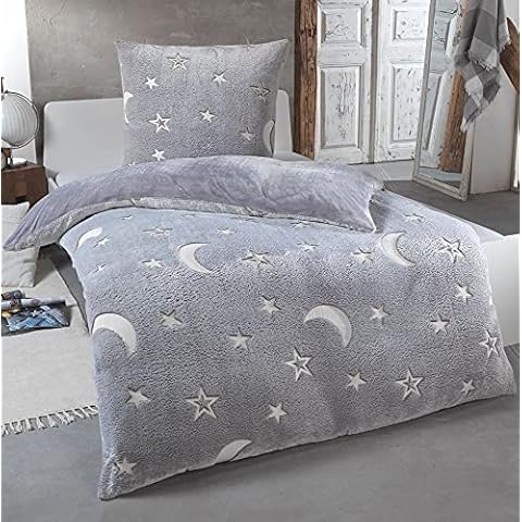 Kuscheli® Teddy Plüsch Bettwäsche 135x200, Sterne Kinder-Bettwäsche die im Dunkeln leuchtet Winter Fleece Set Cashmere-Touch Bettbezug, Farbe:Grau Cover