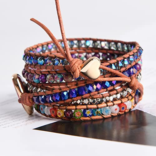 Image of YGLINE Boho Handmade Wrap Leather Tube Crystal Stone Bracelet for Women