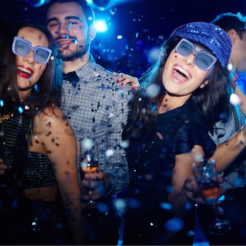 Yotako 2Pcs Glitter Abba Hat Blue Abba Accessories Women with Sequins Hat Bling Sunglasses Disco Costume Set Abba Fancy Dress Costume Accessories for Women Theme Party Birthday Dance - Image 4