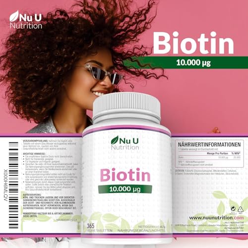Biotin hochdosiert 10.000 mcg - 365 Vegane Tabletten - Für Haarwuchs, Haut & Nägel - Volle Jahresversorgung - Nahrungsergänzungsmittel von Nu U Nutrition