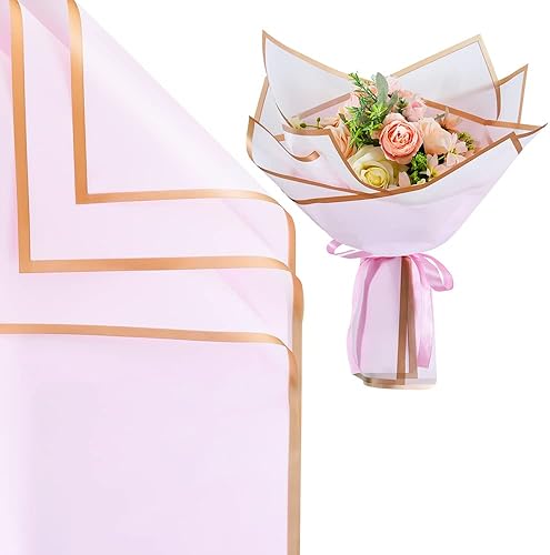BEISHIDA 40 hojas de papel de regalo rosa, papel floral rosa, papel de ramo, mate con bordes dorados, papel para graduación, Navidad, día de San