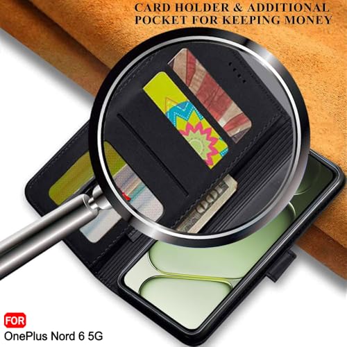 Image of TheGiftKart Genuine Leather Finish Flip Back Cover Case for OnePlus Nord 6 5G / CE 6 5G | Inbuilt Pockets & Stand | Wallet Style | Designer Button Magnet Flip Back Cover Case (Faux Leather, Black)