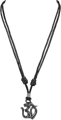 BlueRica Om on Adjustable Black Cord Necklace Old Silver Finish