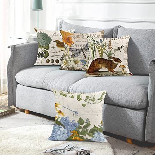 Emvency Set Of 4 Throw Pillow Covers Cute Animal Rabbit Bird Dragonfly And Easter Egg Retro Style Spring Decorative Pillow Cases Home Decor Square 18X18 Inches Pillowcases #TOP3