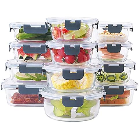 elabo 24-Piece Glass Food Storage Containers Set with Lids - Airtight Leak Proof Glass Meal Prep Containers, BPA Free Bento Lunch Boxes, Freezer/Oven/Dishwasher Safe(12 Lids & 12 Containers) Cover