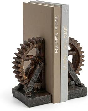 Braxio Decorative Bookends Industrial Gear - Set of 2 Steampunk Heavy Duty Non-Slip Book Supports for Shelves Desktop Book Ends for Office Library Desk Vintage Home Decor 4.7 x 3.5 x 7 Inch