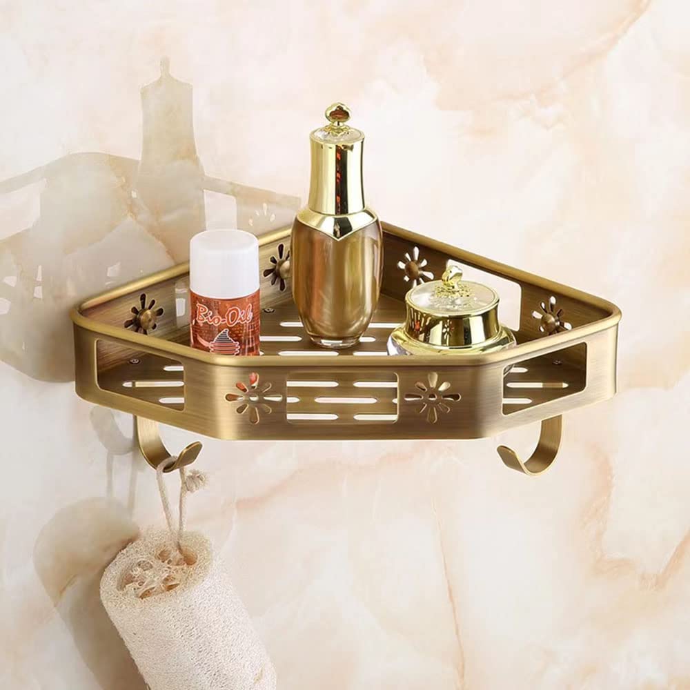 Duschablage Ecke Messing Rostfrei zum Bohren Duschregal mit 2 Haken Badzubehör Badezimmer Ablage Dusche Körben Shampoo Seifenkorb Wandmontage Eckbadregal, Triangle