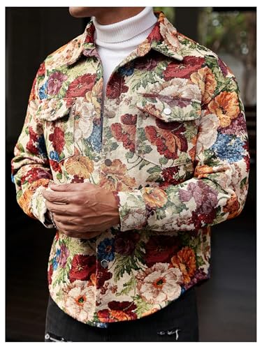Men's 2025 Vintage Floral Jackets Going Out Shacket Jacquard Collared Neck Button Down Jackets Fall Outerwear4