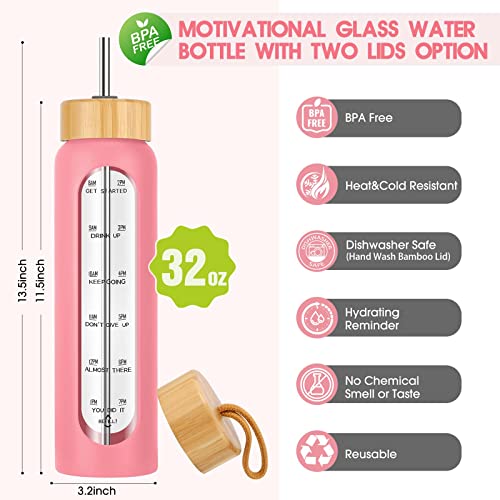 Sipzest 32 Oz Glass Water Bottles With Straw - Motivational Glass Water Bottle With Time Marker & Silicone Sleeve - Reusable Glass Tumbler Includes 2 Bamboo Lids & Fruit Infuser - 1 Pack #TOP1