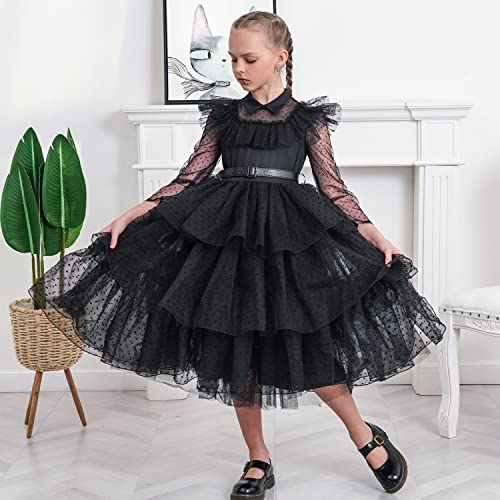 Sunny Fashion Girls Dress Black Lace Long Sleeve Organza Ruffle Polka Belt2
