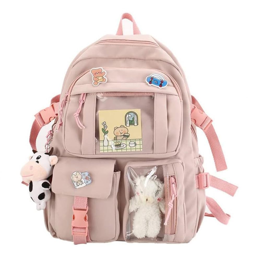 ChenLeeKawaii Backpack Rucksack Aesthetic Student Bookbags with Kawaii Pin and Pendants Accessories for Teen Girls
