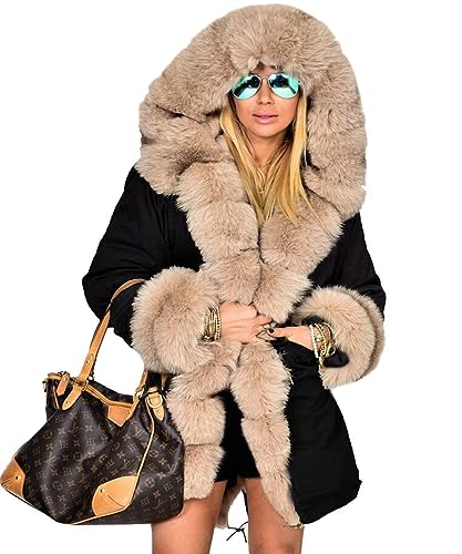 Women's Faux Fur Lined Coat Hooded Warm Winter Outwear Thicken Jackets Parka Long Cardigan