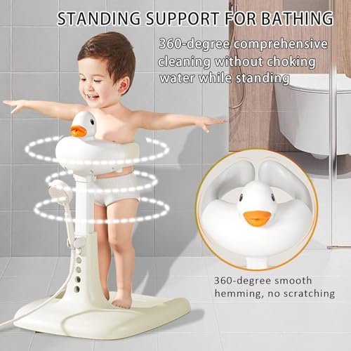 Image of ZYNTO Baby Shower Bath Stand with Adjustable Height, Non-Slip Base, Huggable Duckling, Baby Standing Bath with Cartoon Duck Safe Design Easy to Use Durable, Foldable Compact Aid for 6-36 Month Kids.