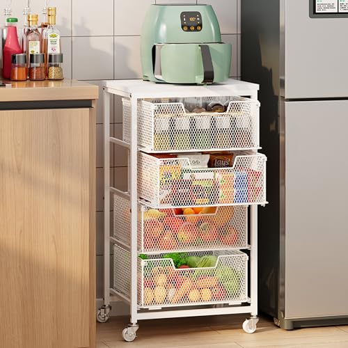4-Tier Kitchen Storage Cart - Fruit Vegetable Storage Cart with Drawers Wooden Top Metal Wire Kitchen Organizer and Storage Cart with Wheels to Storage Onions Potatoes Cans Snacks for Kitchen