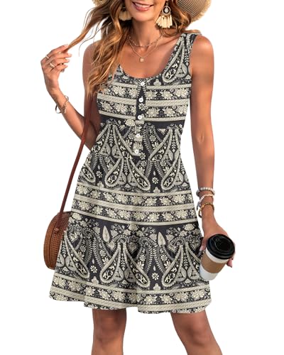 Image of AUSELILY Women Summer Dress Sleeveless Tank Button Down Dresses | Tank button down dress, Empire waist smocked, Casual beach vacation summer dresses with pockets
