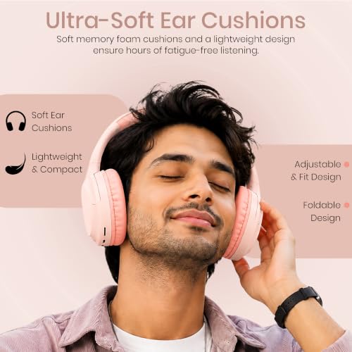 Image of PunnkFunnk BeatXtra Lite Premium Wireless Bluetooth Headphones V5.3, Over Ear Stereo Headset with Built-in Microphone, 40mm Drivers, AUX Mode, Comfortable Cushions, Up to 250 Hours Standby (Pink)