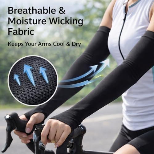 Image of PULGOS Black Arm Sleeves for Men & Women (Pack of 2) | UPF 50+ UV Sun Protection | Cooling & Breathable Sports Arm Sleeves for Cycling, Running, Biking, Cricket & Outdoor Activities