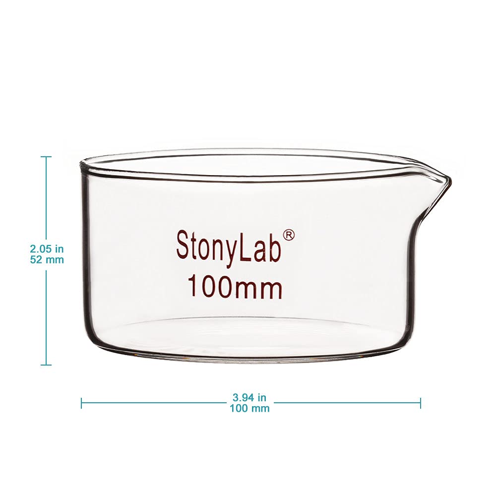 stonylab Boîte Petri à Bec Verseur et Rebord Robuste, Plat de Cristallisation en Verre Borosilicaté Réutilisables, Crystallizing Dish pour Cristallisation et Évaporation - 300 ml Capacité OD 100 mm