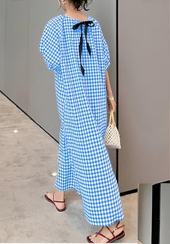 Image of chouyatou Women's Casual Gingham Loose-Fit Swing Dress Cotton Lantern Puff Sleeve Plaid Midi Long Dress