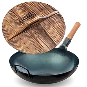 YOSUKATA Blue Round Bottom Wok Pan 14″ With Premium Wok Cover 14 inch Pan Lid – Woks and Stir Fry Pans plus Premium Wok Cover – Traditional Chinese Woks with Premium Wok Cover 14 inch Pan Lid
