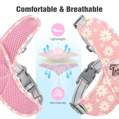 Pawaboo Hundegeschirr mit Hundeleine Set, X-Rahmen Verstellbares Anti Zug Anti-Erstickung Hund Brustgeschirr für Kleine, Mittelgroße Hunde & Welpen, Hundeweste mit Leine, S, Rosa Gänseblume