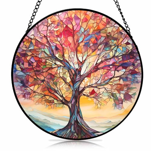 Stained Glass Window Hanging Tree of Life Sun Catchers Indoor Window Vibrant Suncatcher Art Decor Glass Panel for Home, Living Room, Outdoor Garden, Kitchen Island Decor,Office Decorations for Work.