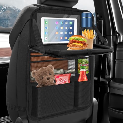Oneyus Car Seat Organiser with Folding Table Car Organiser Back Seat for Kids Waterproof Car Storage for Keeping Car Tidy Kick Protector Tablet Storage Pockets (Black)
