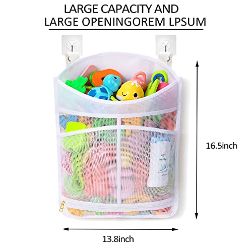 Ligereza Mesh Bath Toy Organizer, Various Hanging Ways, Large Capacity Large Opening, Ykk Zipper, 4 Super Hooks, With Two Compartment Pockets, Baby Bathtub Toy Storage Bag (Large White) #TOP1