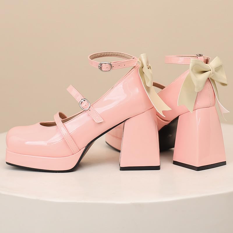 FIFSY Platform Mary Jane Shoes Square Toe Strappy Mary Jane Heels with Bow Women's High Chunky Platform Pumps Heels Closed Toe Heels Comfortable Dress Wedding Party Shoes4