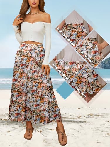 NASHALYLY Women's High Waisted Maxi Skirt,Elastic Chiffon Boho Long Skirt with Pockets3
