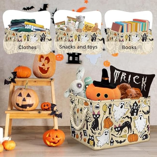 Halloween Ghost Basket Pumpkin Black Bat Boo Spooky Basket with Handles Foldable Waterproof Halloween Gifts Storage Bins Boxes for Party Home Bedroom Decor