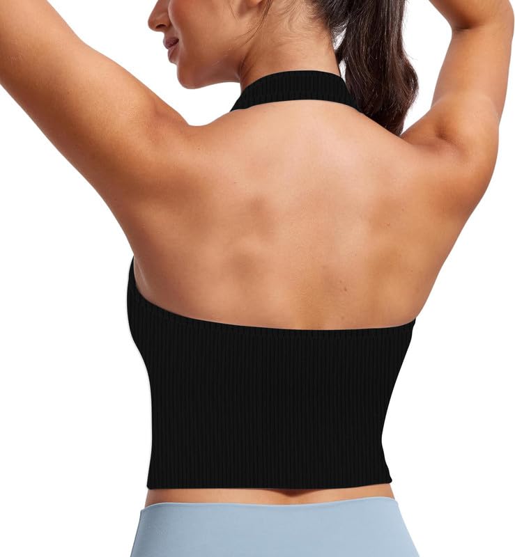 the blazze Women's Solid Backless Ribbed Knit Halter Neck Top | Slim Fit Sleeveless Strappy Crop Tank Top Blouse for Girls L927-picture-12