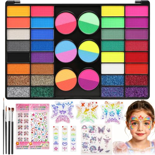 Kinderschminke Set Theaterschminke & Bodypainting Farben 44 Farben Wasserbasis 4 Berufs-Pinsel 6 Vorlagen 2 Diamant Aufkleber für Halloween Karneval Geburtstag