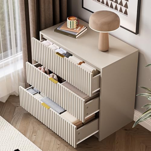 Image of MAISONARIA Fluted Dresser for Bedroom, 32 Inch Wide Nightstand with Large Drawer, 3 Drawer End Table for Bedroom, Living Rooms, Offices, and Entryways, Beige