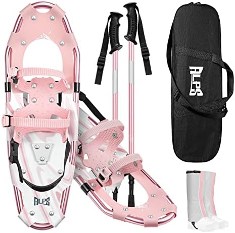 ALPS 14/17/21/25/30 Inch Lightweight Snowshoes for Women Men Youth Kids, Light Weight Aluminum Alloy Terrain Snow Shoes with Pair Antishock Trekking Poles, Free Carrying Tote Bag (Peach, 25'')