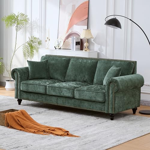 Image of KEIKI 87 inch Oversized Chenille Sofa with Rolled Arms and Nailhead Trim, Upholstered Modern Style 3-Seater Couch with High-Density Foam Cushions, Easy Assembly, for Apartment, Living Room, Green