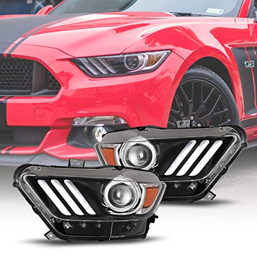 AUTOWIKI Headlights for 2015-2017 Ford Mustang with Black Housing Amber Reflector Clear Lens 2PCS