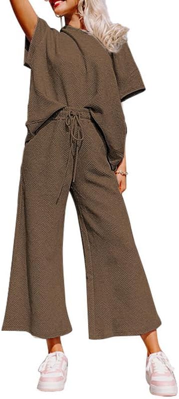 SHEWIN Women's 2 Piece Outfits Sweatsuit Casual Short Sleeve Pullover Tops and Drawstring Wide Leg Pants Lounge Sets