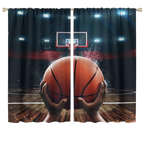 Cool Basketball Sports Blackout Curtains for Living Room,Sports Court Wooden Floor Basketball Shooting Sports Room Darkening Window Curtains with Rod Pocket - 2 Panels 63