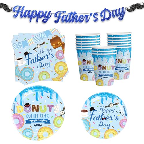 Fathers Day Donut With Dad Party Decorations Disposable Donuts Cookout Tableware Includes Dinner and Dessert Plates Napkins Cups for Happy Dad Party Supplies(Serves 24)